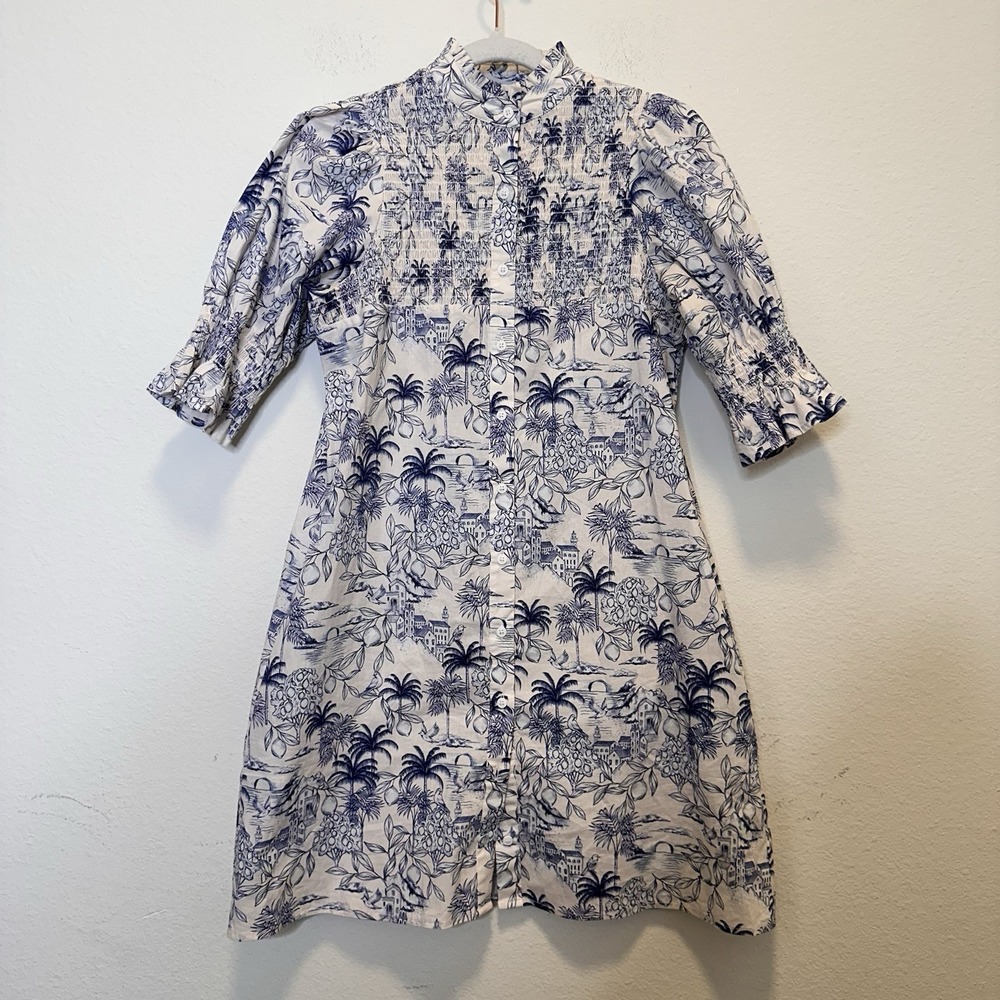 Taylor Tillman Womens Midi Dress Blue White Smocked Sz XS Vacation Resort Preppy